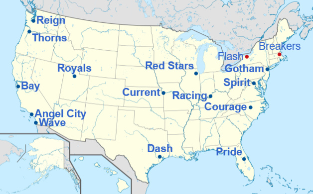 Les équipes de NWSL (en bleu : actuelles, en rouge : anciennes) (source : Wikipedia)