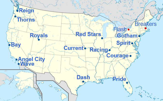 Les équipes de NWSL (en bleu : actuelles, en rouge : anciennes) (source : Wikipedia)